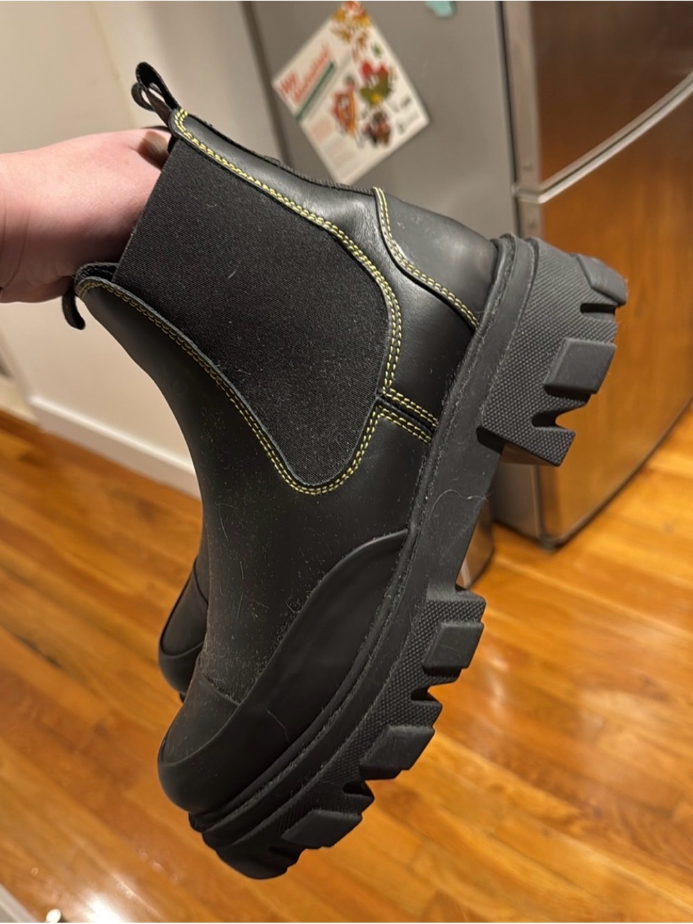 Ganni Black Chelsea Lug Sole Boot with Yellow Stitching